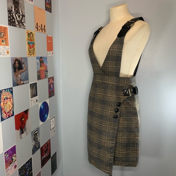Plaid Brown Grey Grunge Skirt Overall Dress Belt Buckle Overalls - Picture 3 of 11
